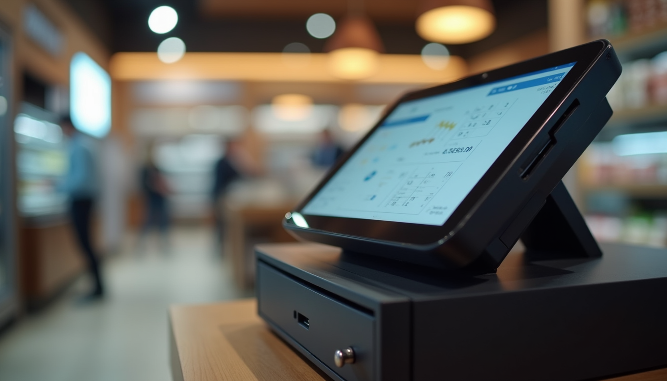 Close-up view of a retail point of sale system with touchscreen and cash drawer
