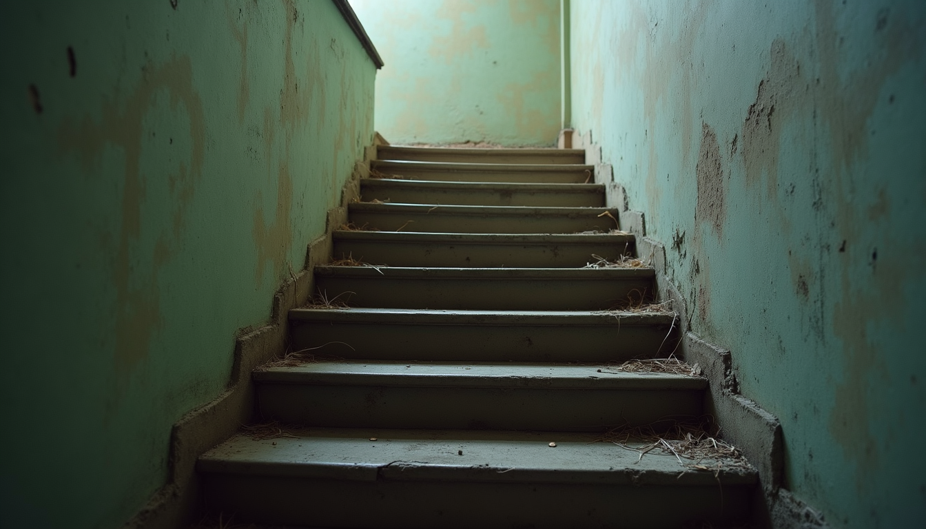 Close-up view of a broken staircase in an apartment building