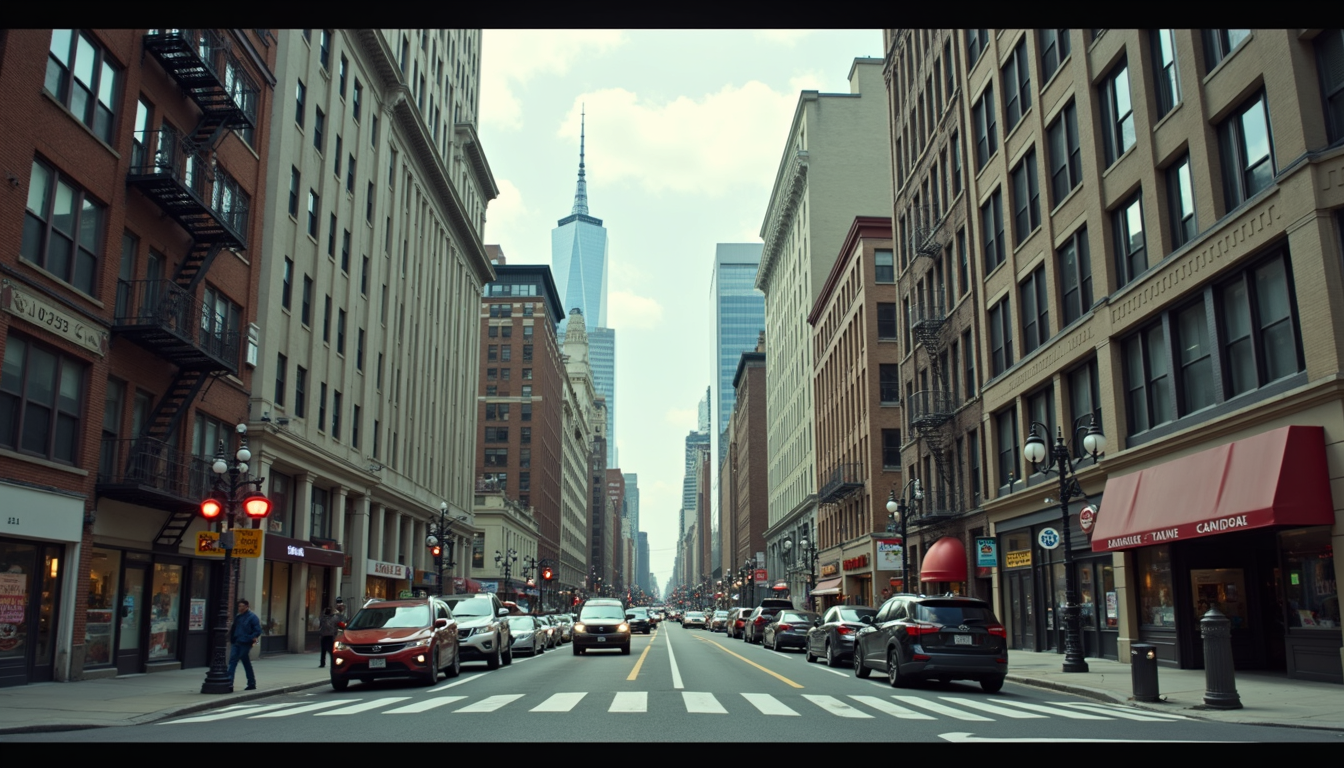 Wide angle view of a bustling New Jersey cityscape