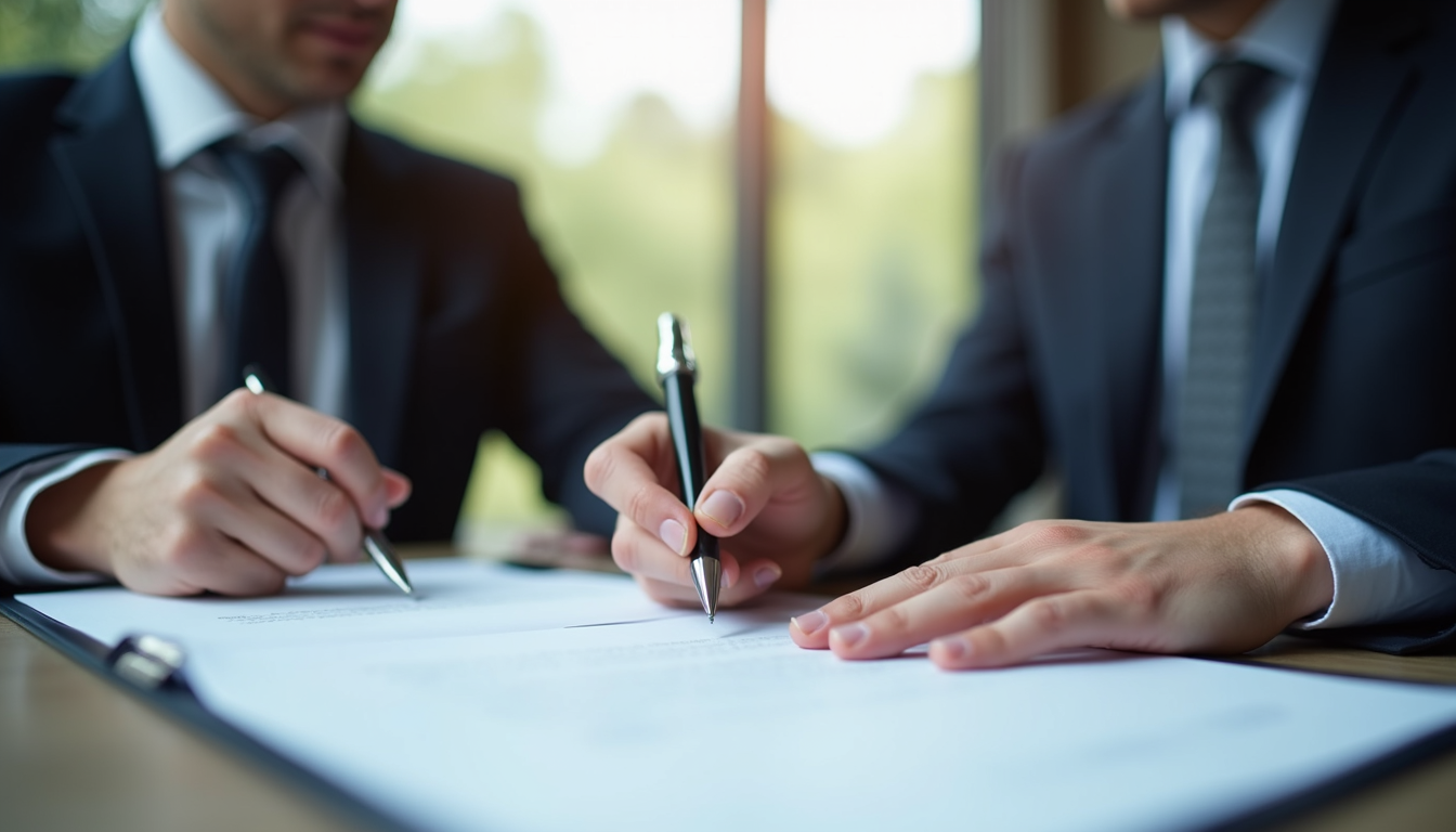 Close-up view of a business owner reviewing lease documents with a lawyer