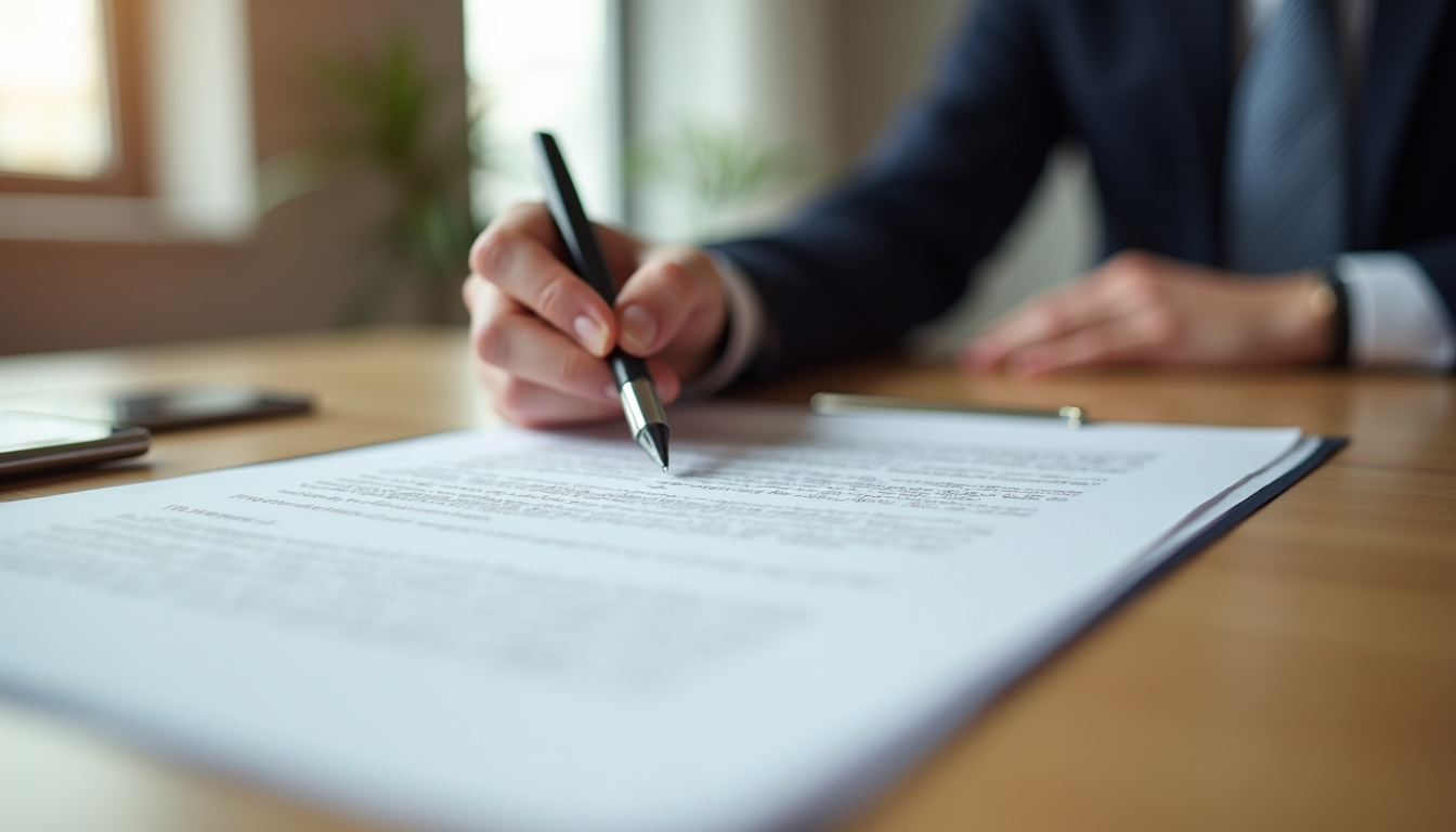Close-up view of a real estate contract being signed with a pen on a wooden table