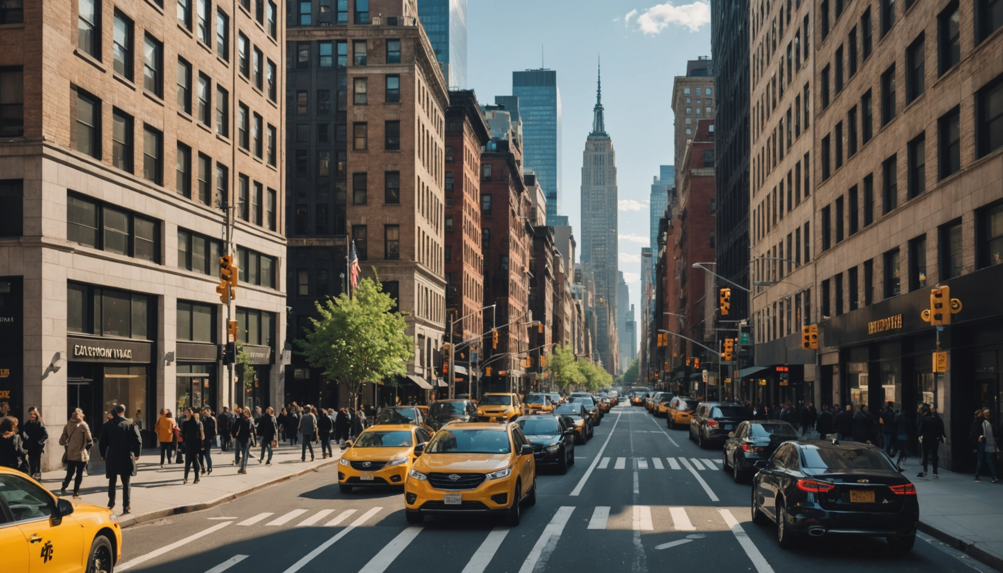 Eye-level view of a bustling New York street lined with modern buildings
