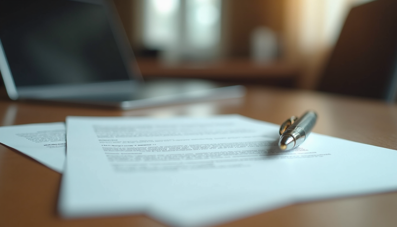 Eye-level view of legal documents and a pen on a wooden desk