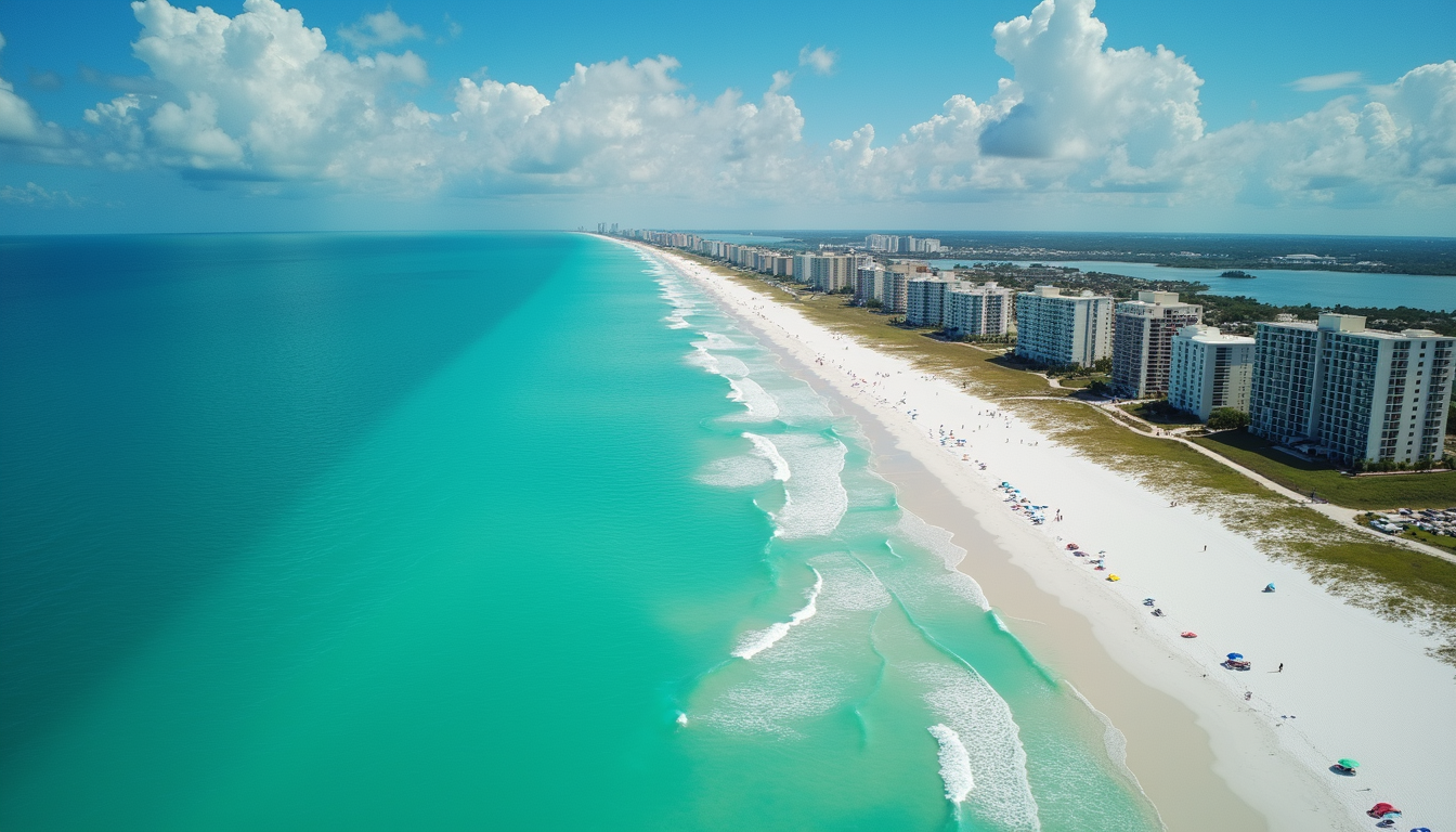High angle view of a Florida beach with condos and clear blue water