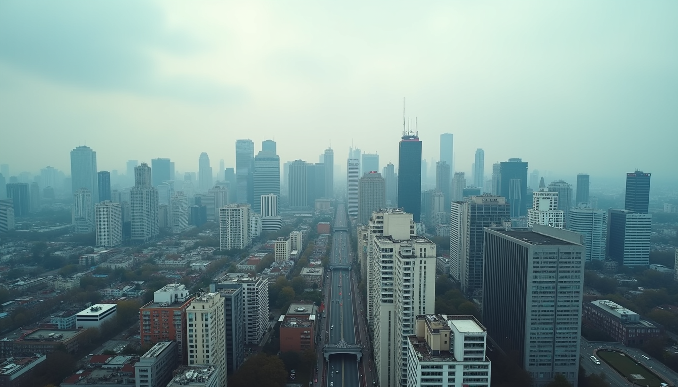 High angle view of a city skyline with various commercial and residential buildings