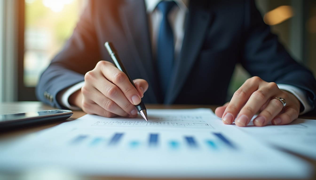 Eye-level view of a real estate attorney reviewing property documents at a desk