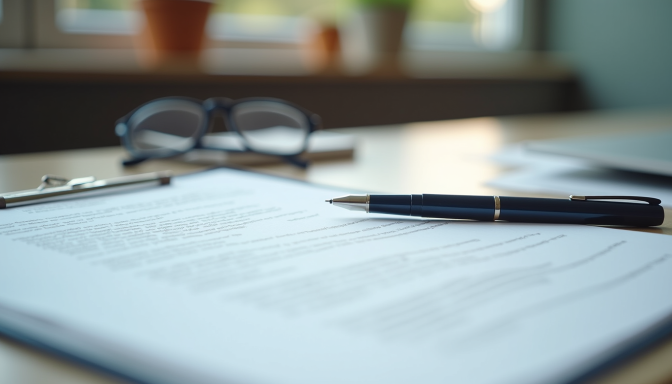 Close-up view of legal documents and a pen on a desk