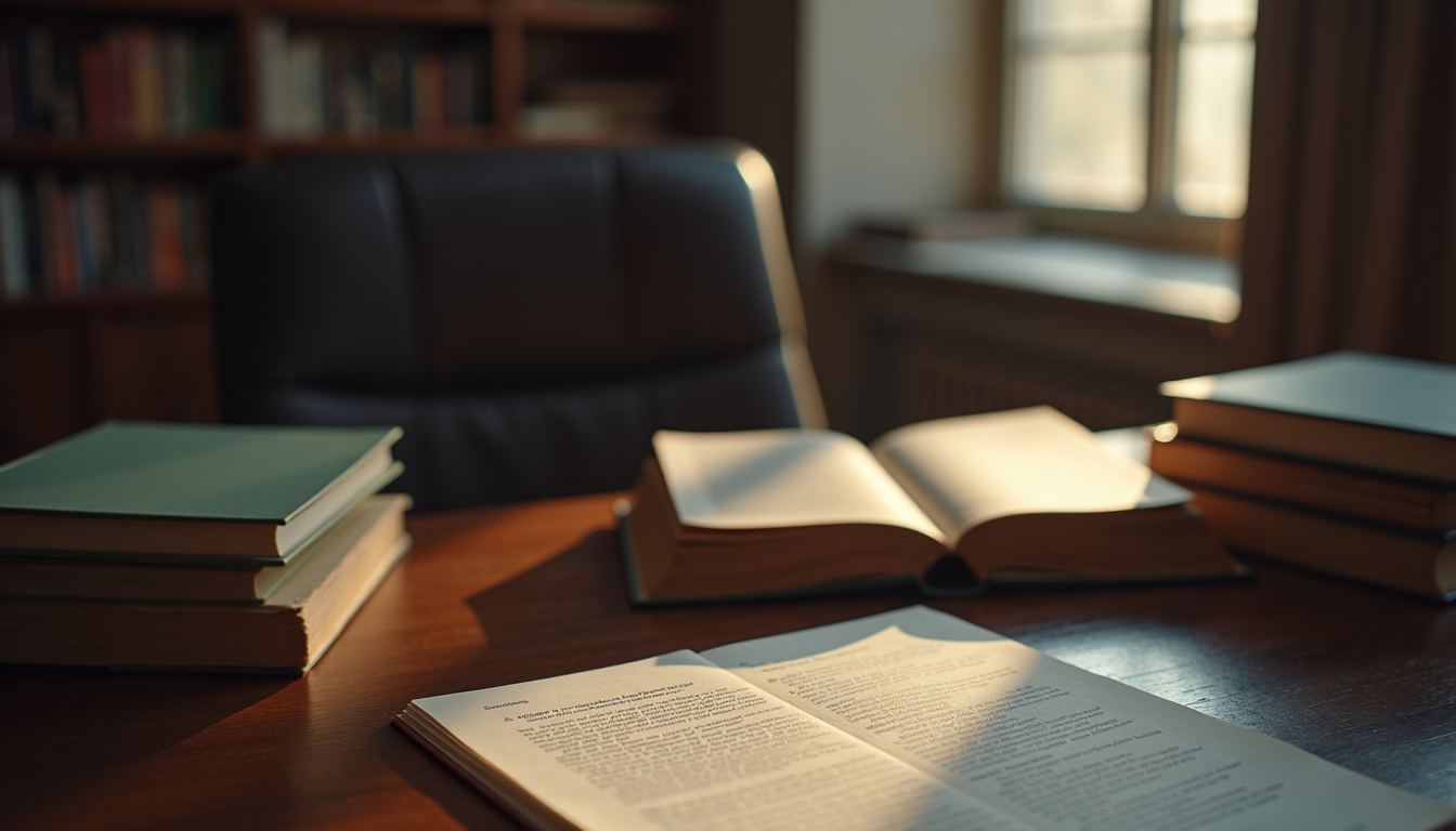 High angle view of a lawyer's office with books and a desk