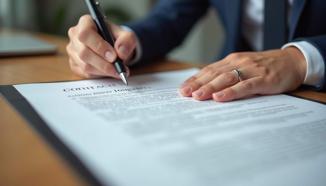 Close-up view of a real estate contract being signed with a pen on a wooden table
