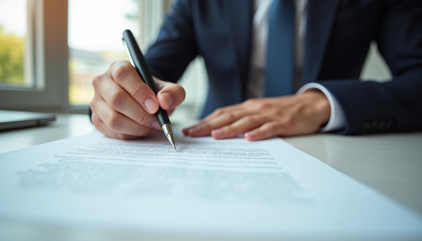 Close-up view of a real estate contract being signed with a pen