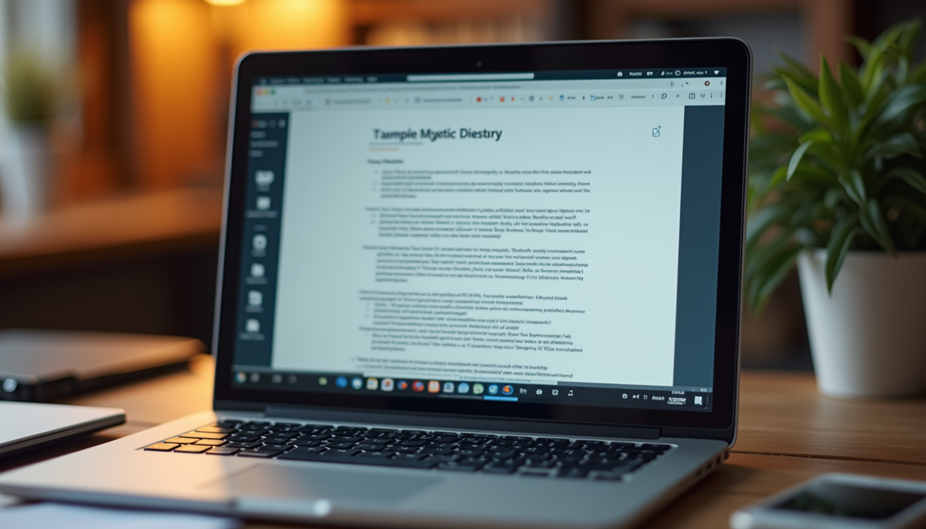 High angle view of a laptop screen displaying a legal document summary